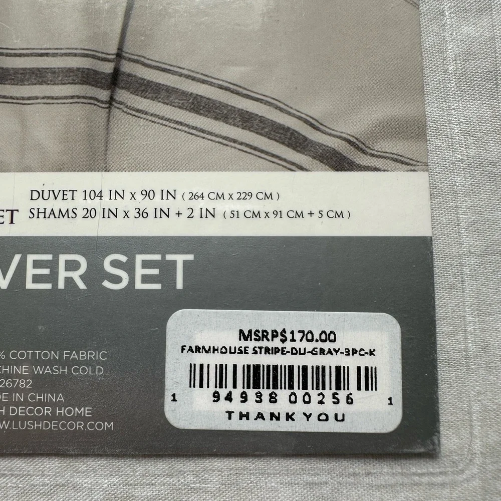 Lush Décor Farmhouse Stripe 100% Cotton Duvet Cover Set Gray